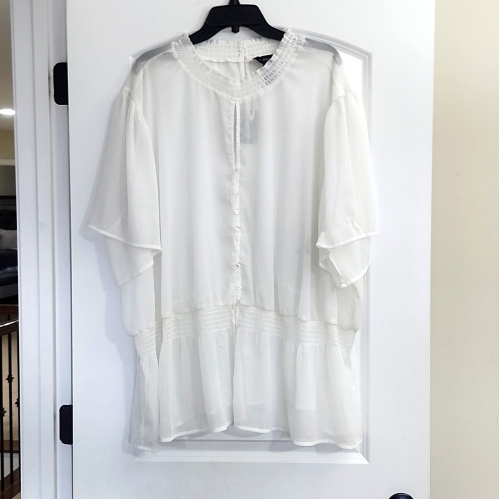 NWT ASHLEY STEWART WHITE SHEER TOP KEYHOLE FRONT & BACK ELASTIC WAIST SZ 34/36
